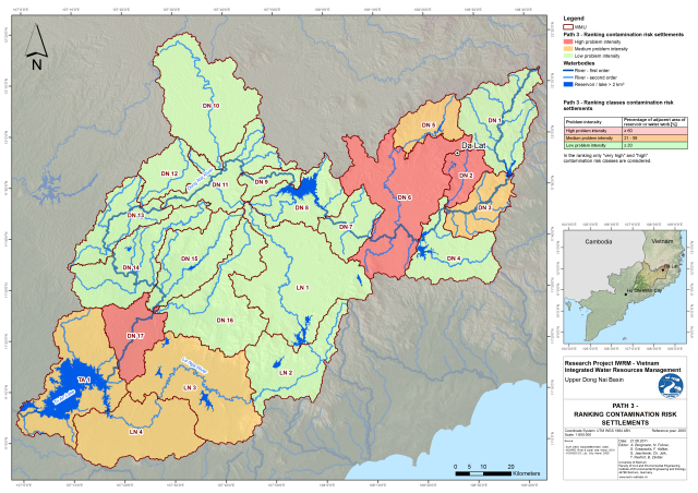 Figure 5: Ranking of the contamination risk from settlements in path 3 (direct discharge) in the upper Dong Nai river basin